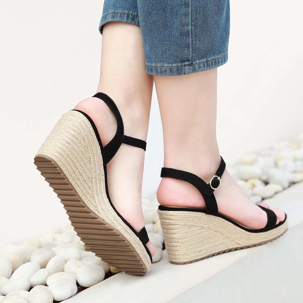 NWOT Platform Wedge Espadrille Black Faux Suede Open Toe Sandals - Picture 8 of 16